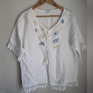 Femme Fatale 100% Linen Made In Italy White Embroidered Beach Cover Shirt